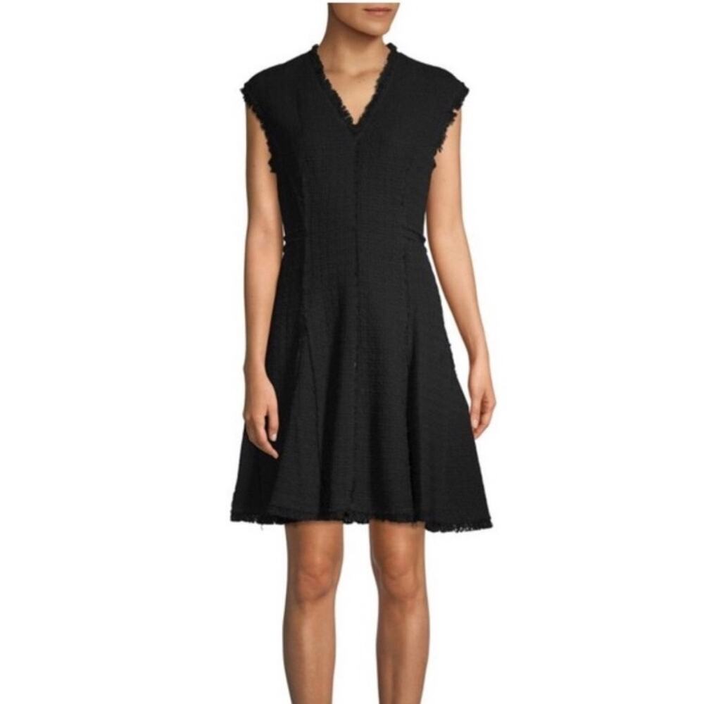Rebecca Taylor Black Tweed V-Neck Fringe Fit And Flare Dress Size 8 EUC